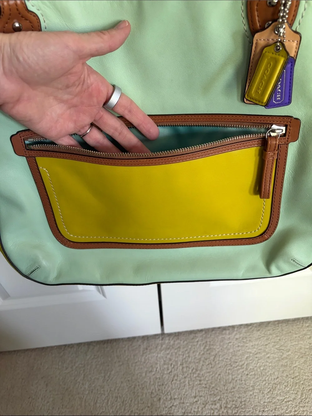 RARE Coach Hallie color block shoulder bag in aqua blue and lime green - Picture 6 of 16